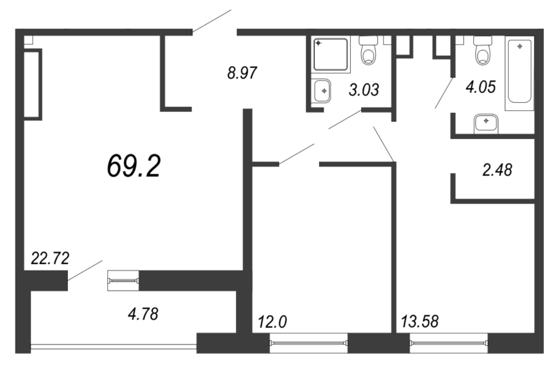 3-комнатная (Евро) квартира, 70.6 м² - планировка, фото №1