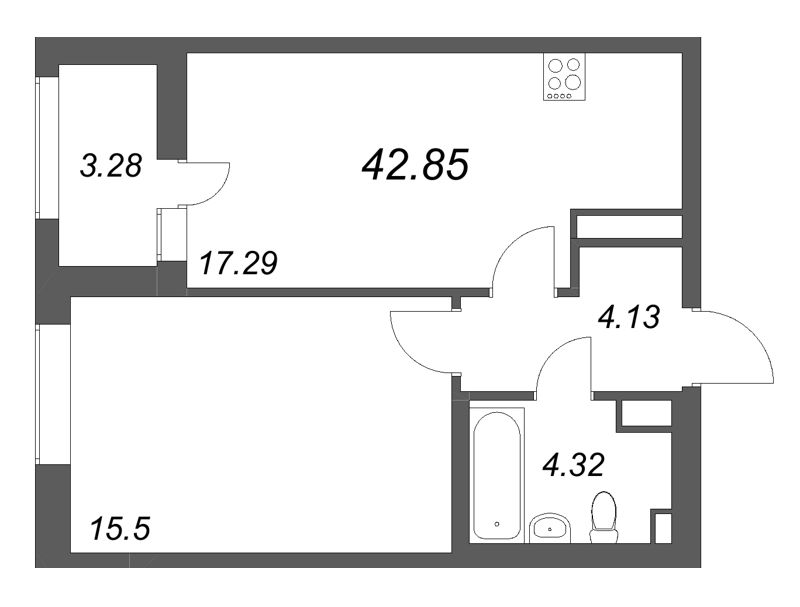 2-комнатная (Евро) квартира, 42.85 м² в ЖК "Аквилон Солар" - планировка, фото №1