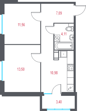2-комнатная квартира, 48.26 м² в ЖК "Город-спутник Южный" - планировка, фото №1