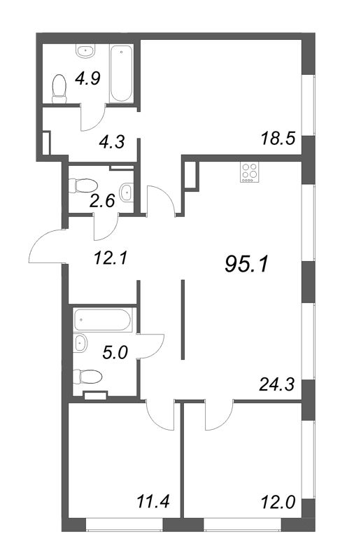 4-комнатная (Евро) квартира, 95.1 м² в ЖК "Визионер" - планировка, фото №1