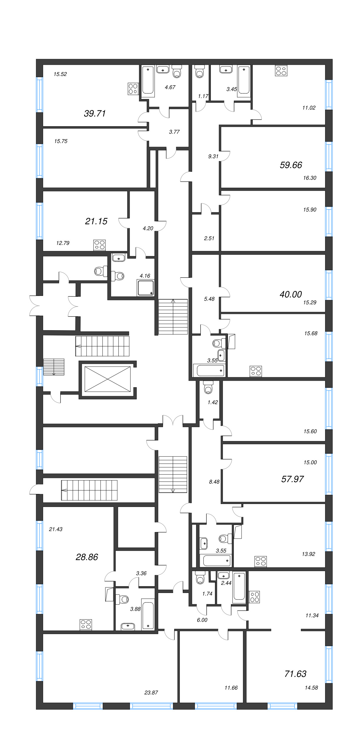 2-комнатная квартира, 59.66 м² - планировка этажа