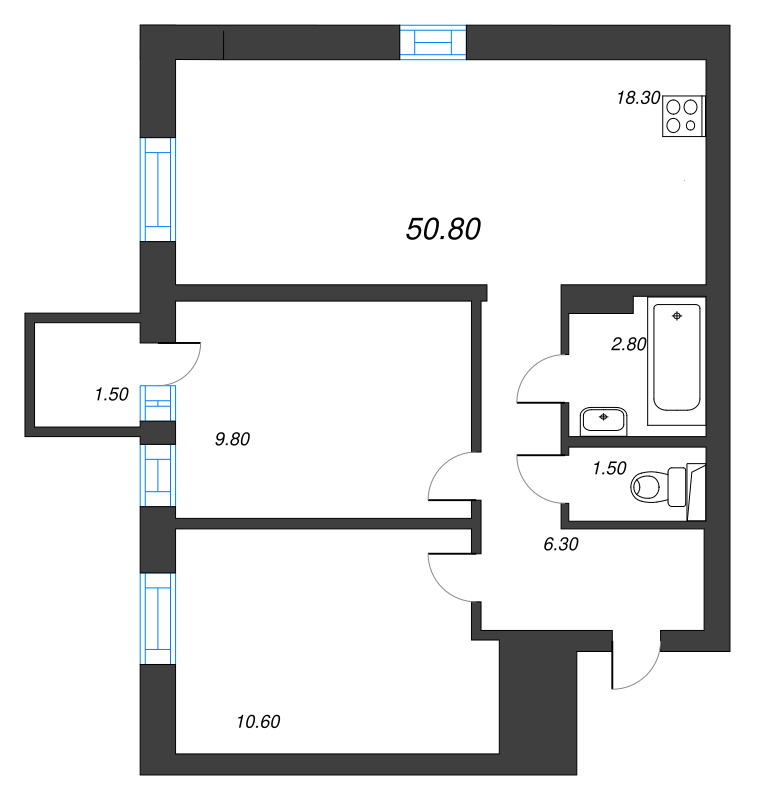 3-комнатная (Евро) квартира, 49.8 м² в ЖК "Эко Квартал Нега" - планировка, фото №1