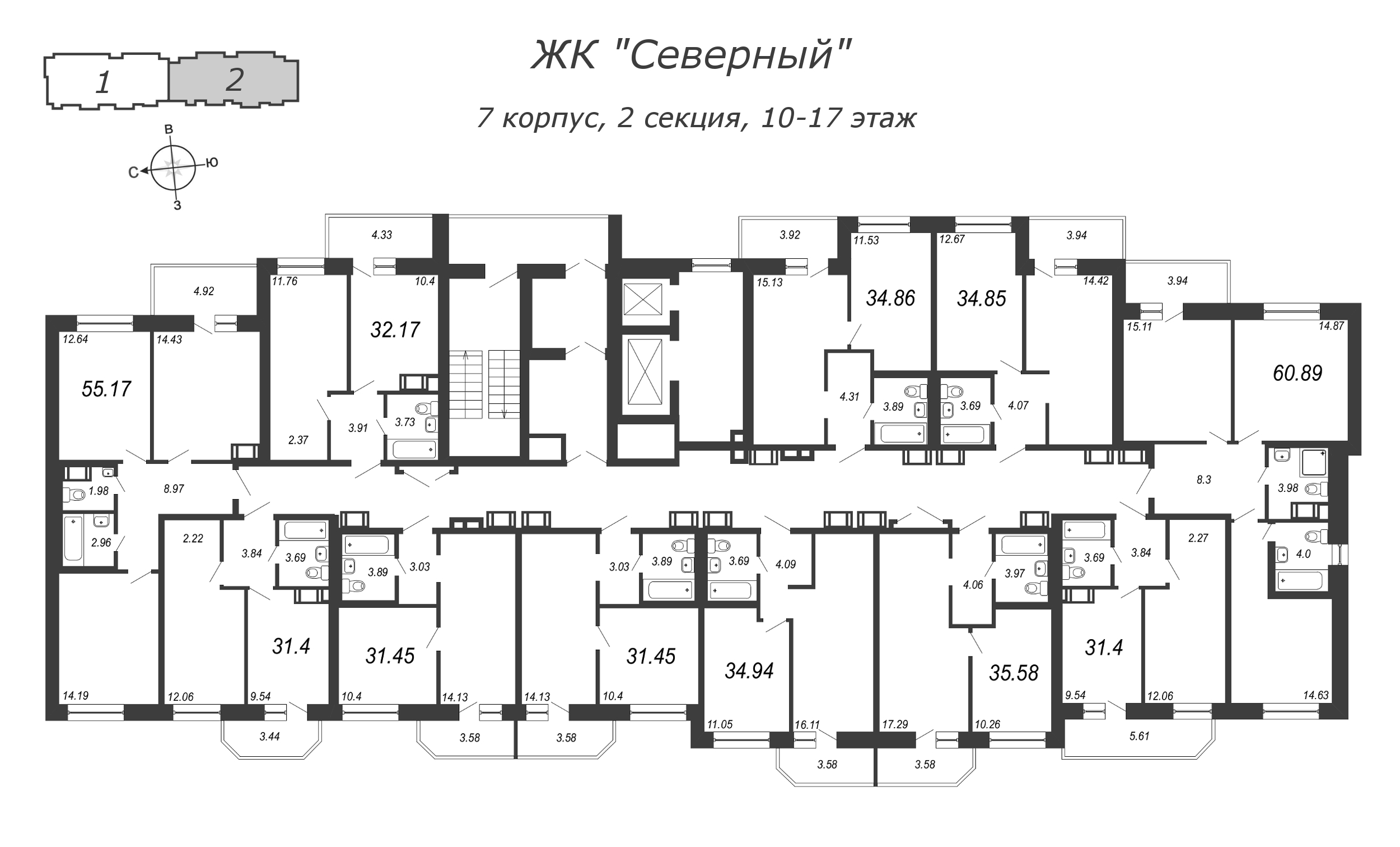 3-комнатная (Евро) квартира, 60.89 м² в ЖК "Северный" - планировка этажа