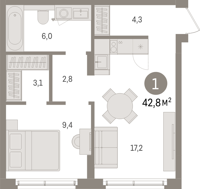 2-комнатная (Евро) квартира, 42.8 м² в ЖК "Брусника в Новоселье" - планировка, фото №1