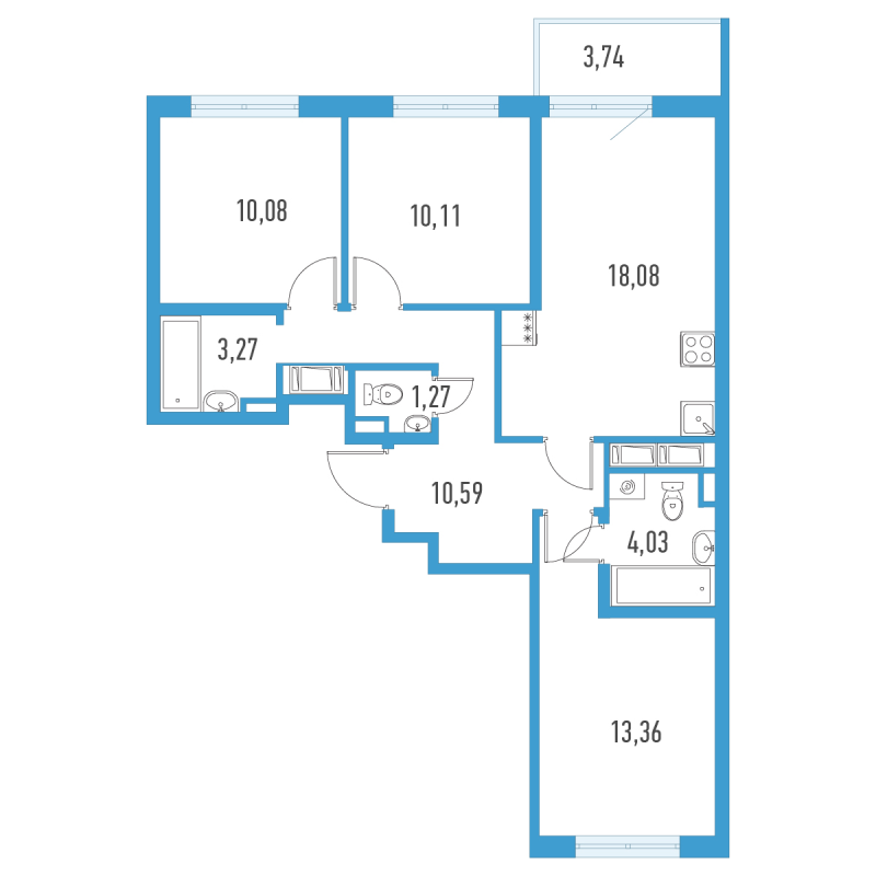 4-комнатная (Евро) квартира, 71.91 м² в ЖК "Аэросити" - планировка, фото №1