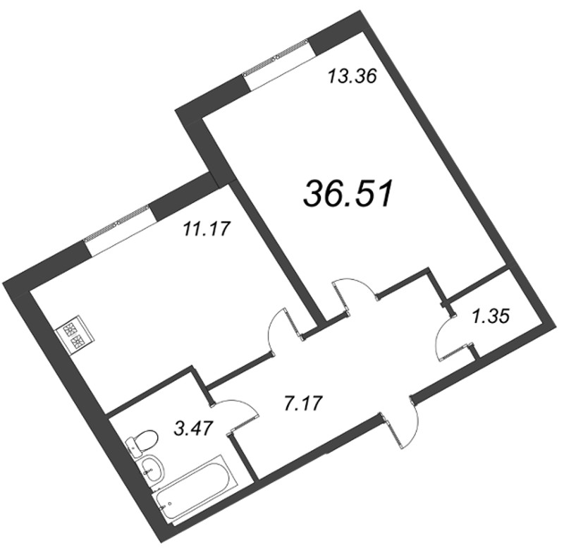 1-комнатная квартира, 36.51 м² в ЖК "Капральский" - планировка, фото №1