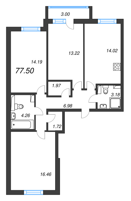 3-комнатная квартира, 77.5 м² - планировка, фото №1
