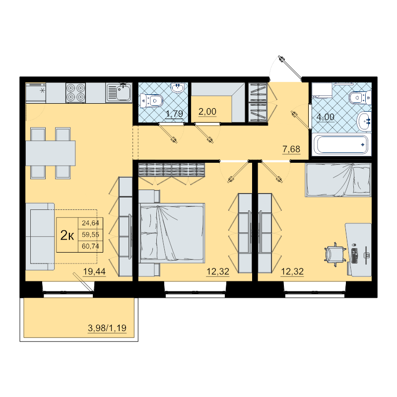 3-комнатная (Евро) квартира, 60.7 м² в ЖК "Северный меридиан" - планировка, фото №1