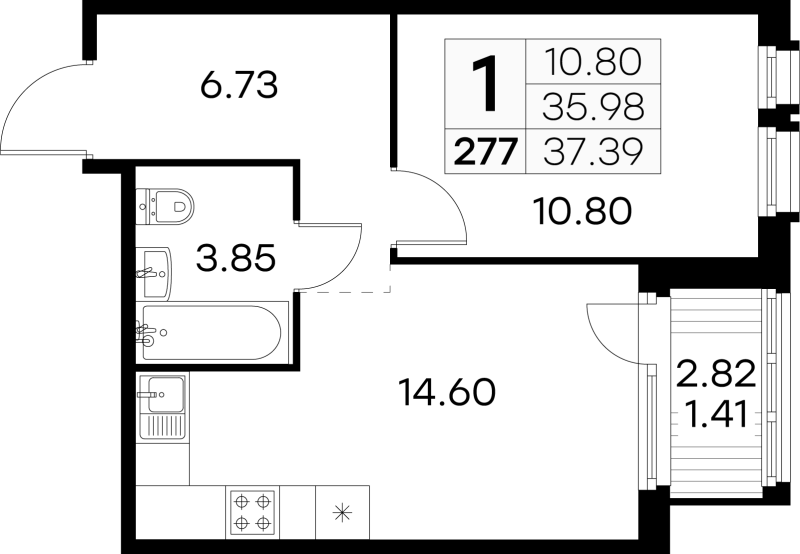 1-комнатная квартира, 37.4 м² в ЖК "Парголово" - планировка, фото №1