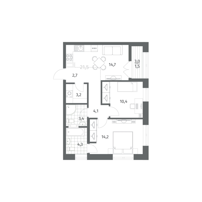 2-комнатная квартира, 58.46 м² - планировка, фото №1