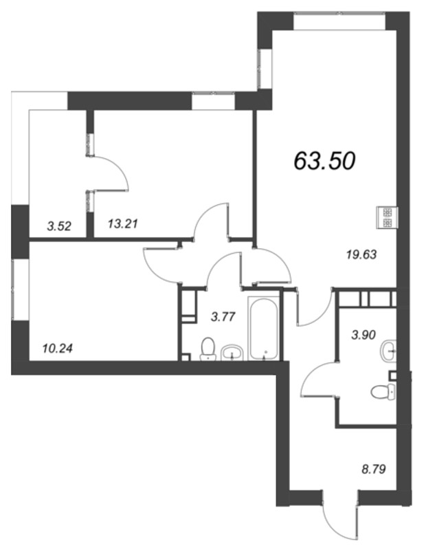 3-комнатная (Евро) квартира, 64.4 м² в ЖК "NewПитер 2.0" - планировка, фото №1