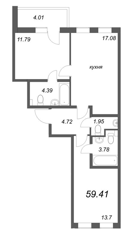 3-комнатная (Евро) квартира, 59.41 м² - планировка, фото №1