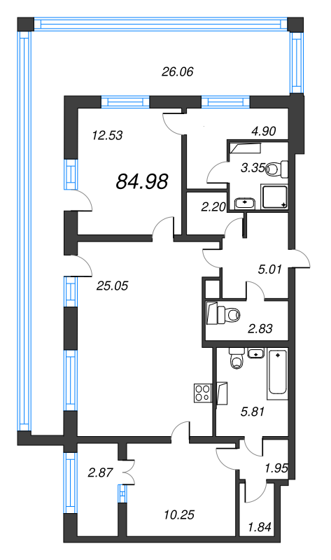 3-комнатная (Евро) квартира, 84.98 м² в ЖК "БелАрт" - планировка, фото №1