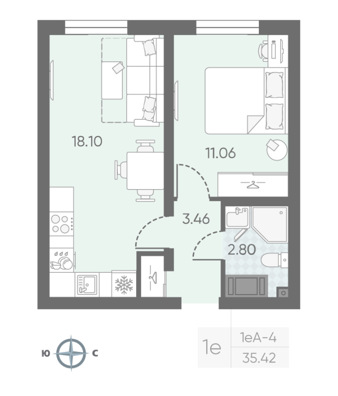 1-комнатная квартира, 35.42 м² в ЖК "Морская миля" - планировка, фото №1