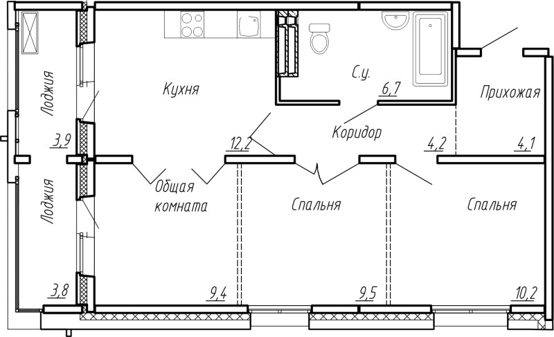 3-комнатная квартира, 64 м² в ЖК "Сибирь" - планировка, фото №1