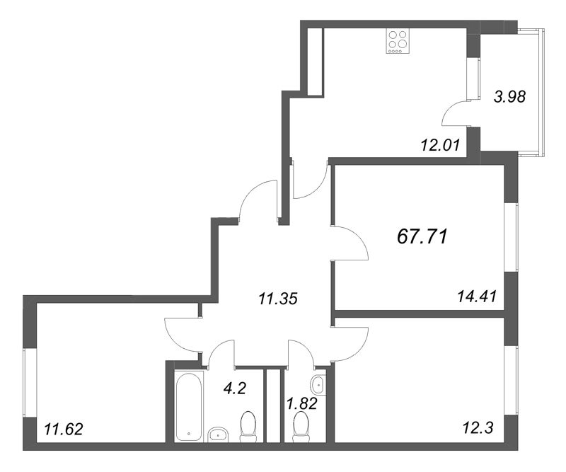 3-комнатная квартира, 67.71 м² в ЖК "ЮгТаун" - планировка, фото №1