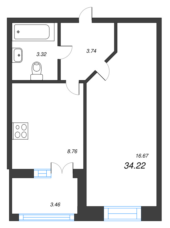 1-комнатная квартира, 34.22 м² - планировка, фото №1