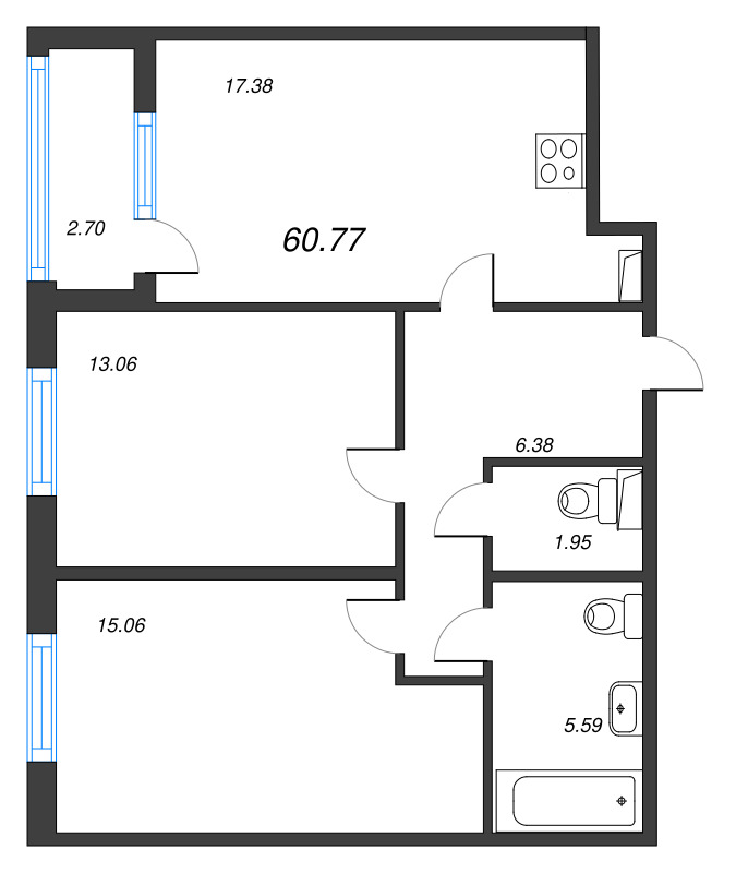 2-комнатная квартира, 60.75 м² - планировка, фото №1