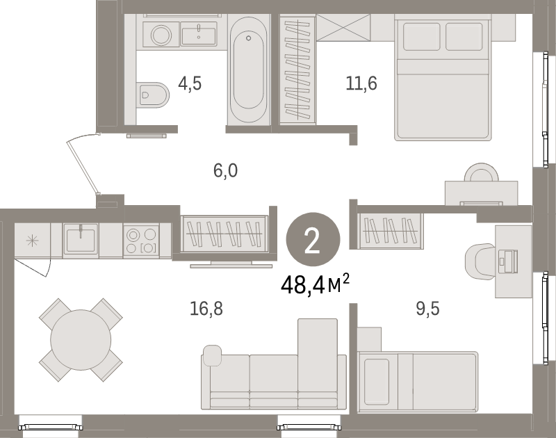 3-комнатная (Евро) квартира, 48.4 м² - планировка, фото №1