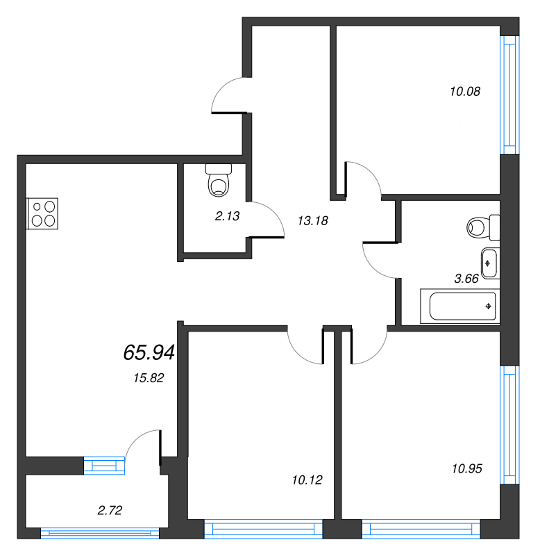4-комнатная (Евро) квартира, 65.94 м² - планировка, фото №1