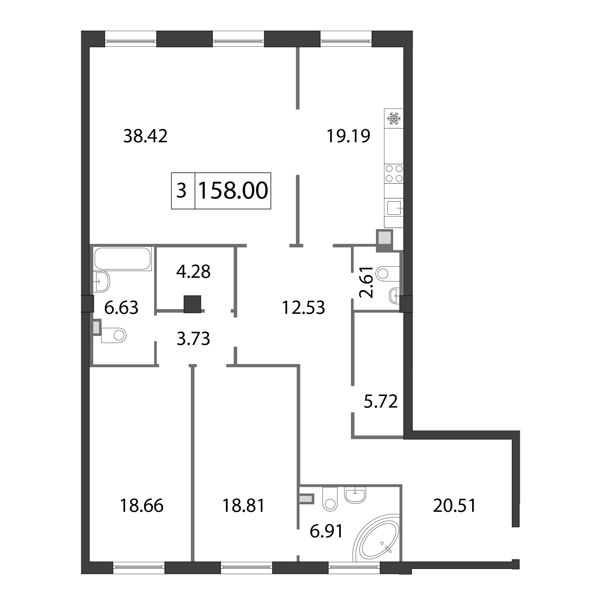 4-комнатная (Евро) квартира, 157.9 м² - планировка, фото №1