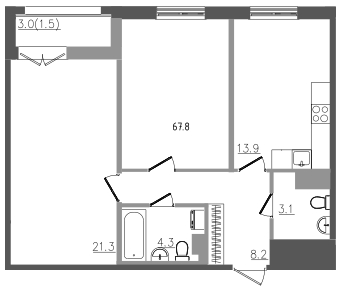 2-комнатная квартира, 67.8 м² в ЖК "Upoint" - планировка, фото №1