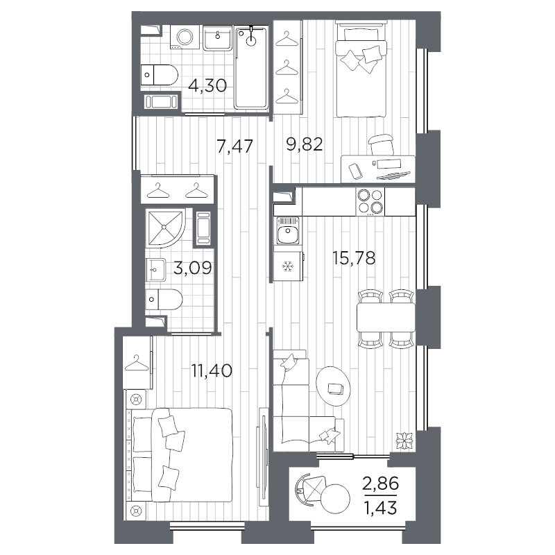 3-комнатная (Евро) квартира, 53.29 м² в ЖК "Оптимист" - планировка, фото №1