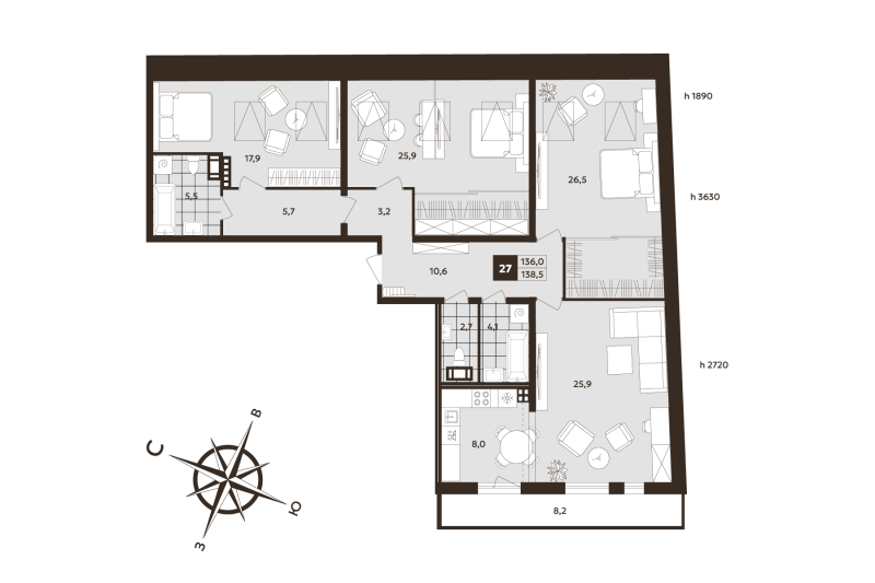 4-комнатная (Евро) квартира, 136 м² в ЖК "Дом на Бронницкой" - планировка, фото №1