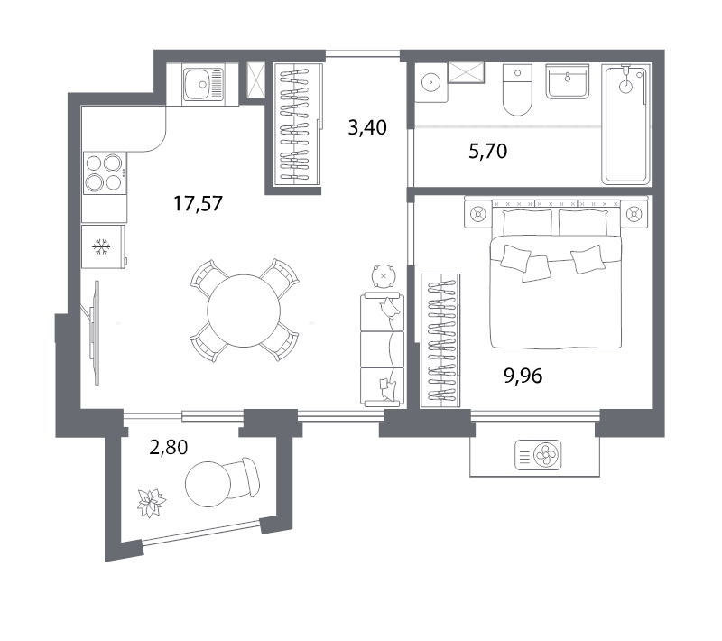 2-комнатная (Евро) квартира, 40.8 м² в ЖК "Респект" - планировка, фото №1