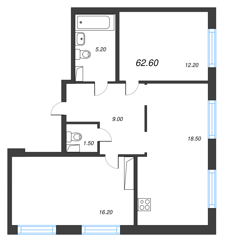 3-комнатная (Евро) квартира, 62.6 м² - планировка, фото №1