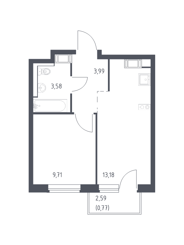 1-комнатная квартира, 31.23 м² - планировка, фото №1