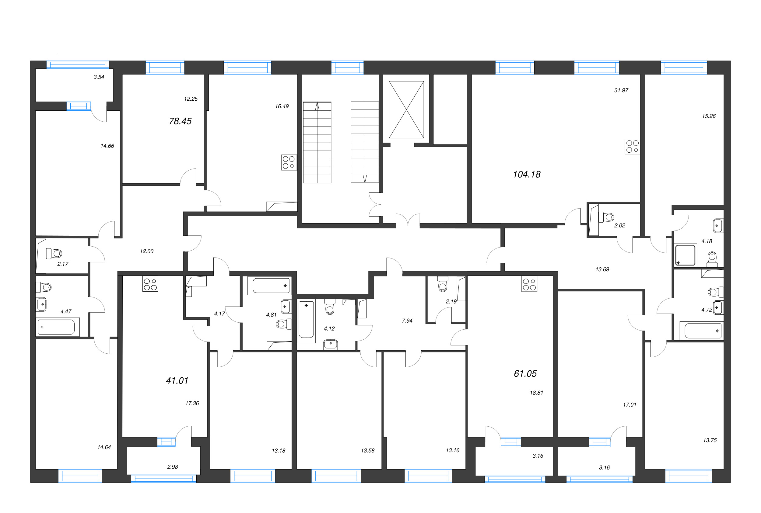 3-комнатная (Евро) квартира, 61.05 м² - планировка этажа
