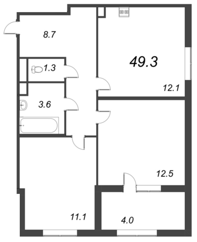 2-комнатная квартира, 49.3 м² - планировка, фото №1