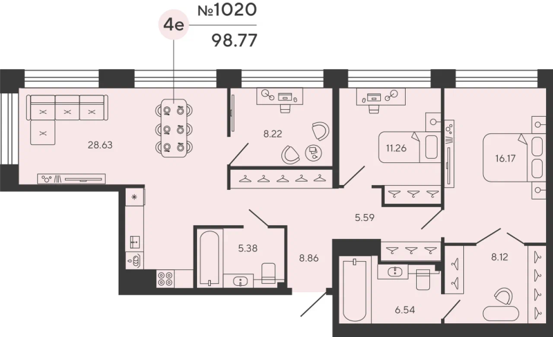 4-комнатная (Евро) квартира, 98.77 м² в ЖК "Bashni Element" - планировка, фото №1