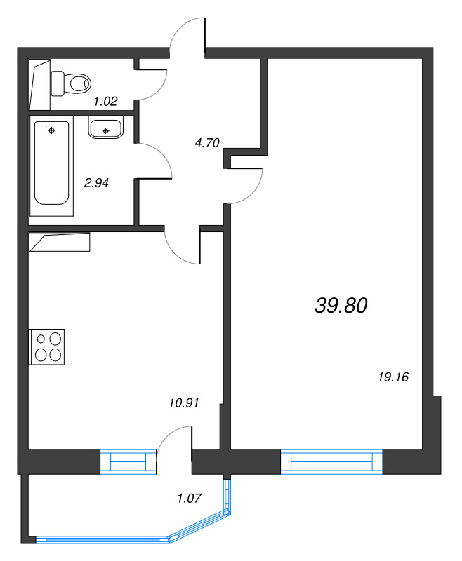 1-комнатная квартира, 39.4 м² - планировка, фото №1