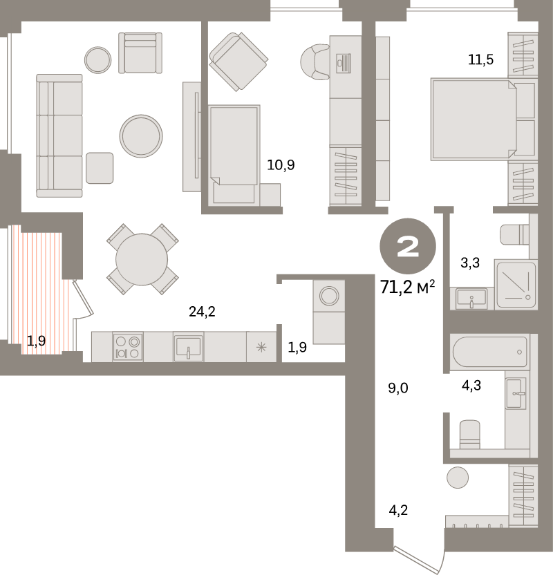 3-комнатная (Евро) квартира, 71.2 м² в ЖК "Северный ветер" - планировка, фото №1