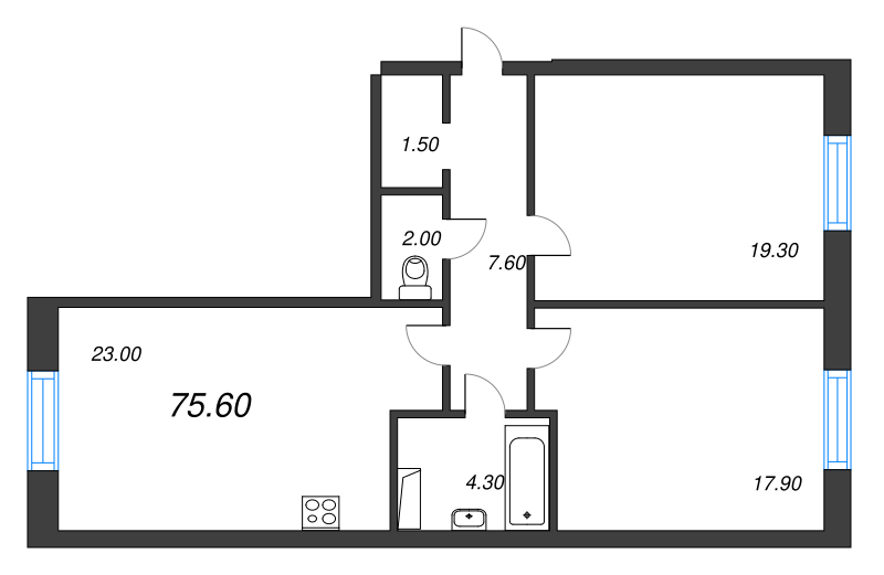 2-комнатная (Евро) квартира, 75.6 м² - планировка, фото №1