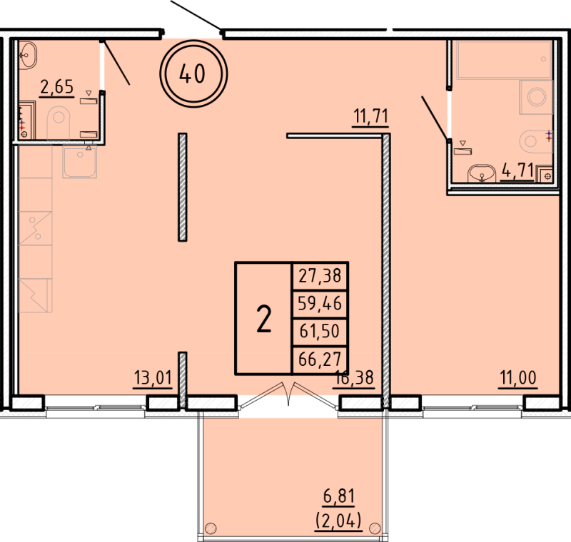 2-комнатная квартира, 59.46 м² в ЖК "Образцовый квартал 16" - планировка, фото №1