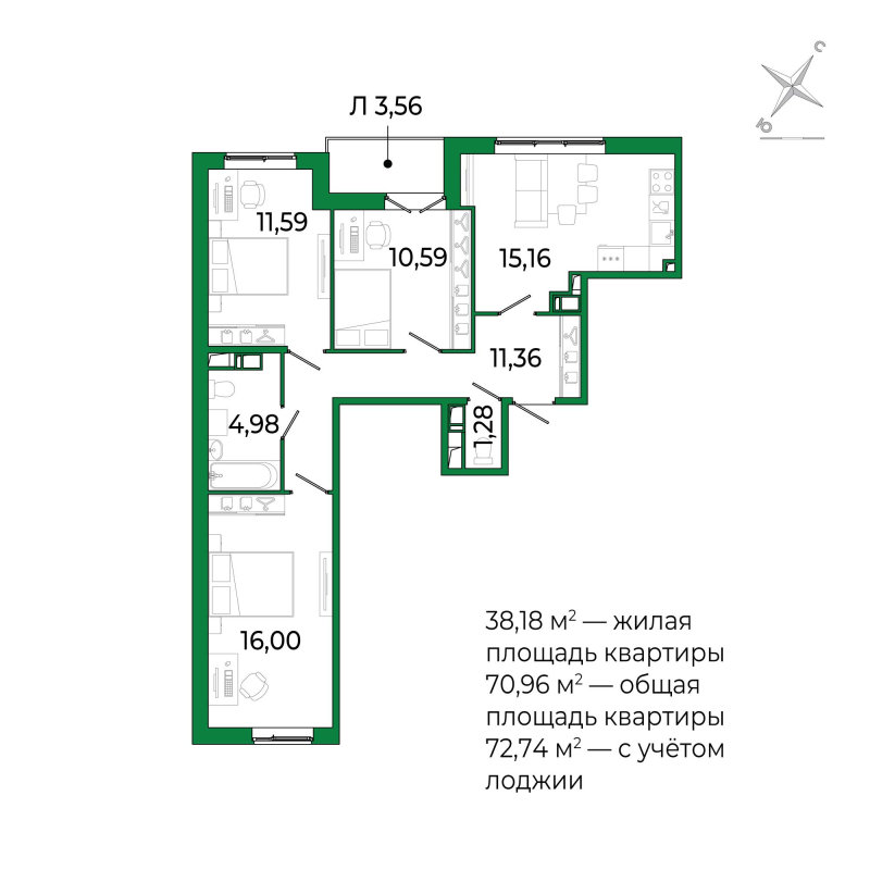 4-комнатная (Евро) квартира, 72.74 м² - планировка, фото №1
