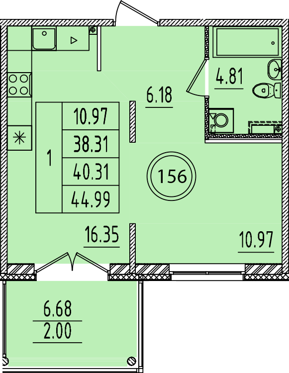 2-комнатная (Евро) квартира, 38.31 м² в ЖК "Образцовый квартал 14" - планировка, фото №1
