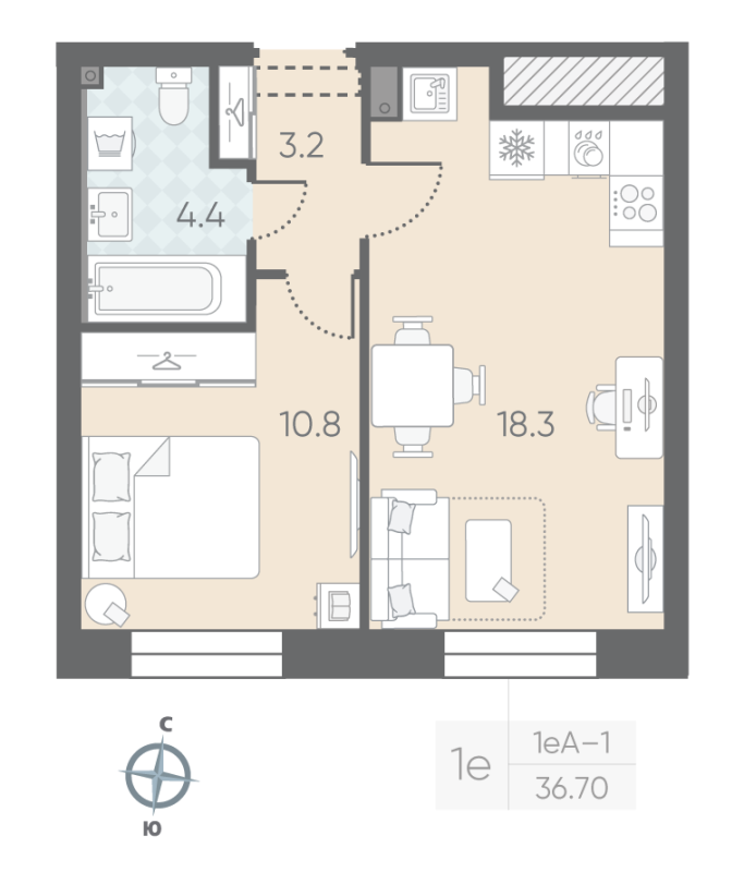 2-комнатная (Евро) квартира, 36.7 м² в ЖК "Большая Охта" - планировка, фото №1