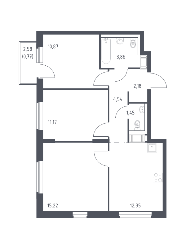 3-комнатная квартира, 62.41 м² - планировка, фото №1