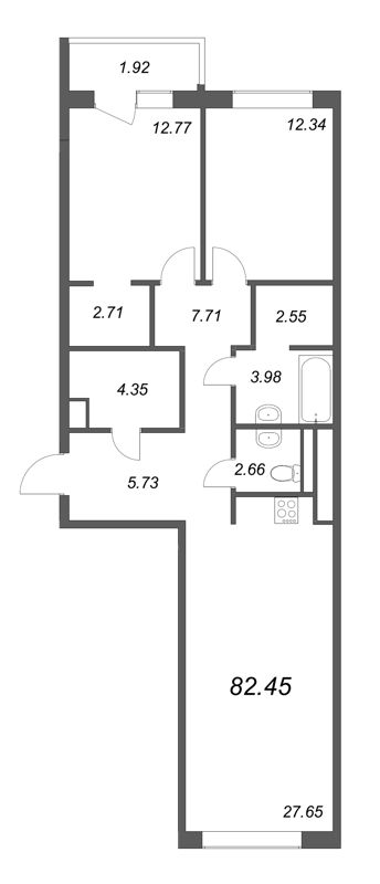 3-комнатная (Евро) квартира, 82.45 м² - планировка, фото №1