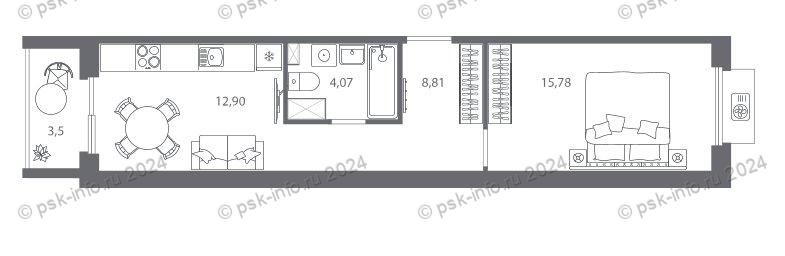 1-комнатная квартира, 42.61 м² - планировка, фото №1
