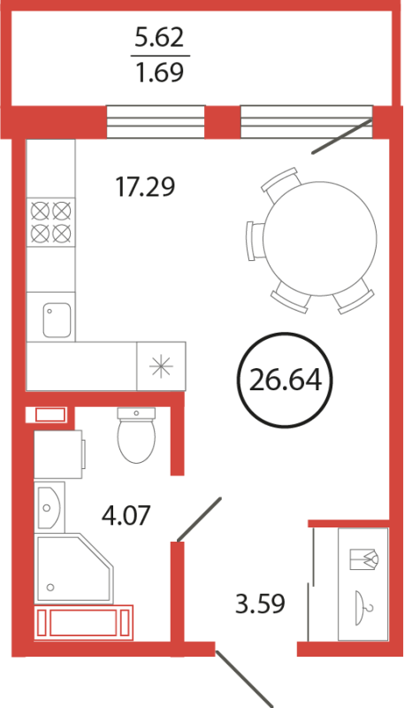 Квартира-студия, 26.64 м² в ЖК "Энфилд" - планировка, фото №1