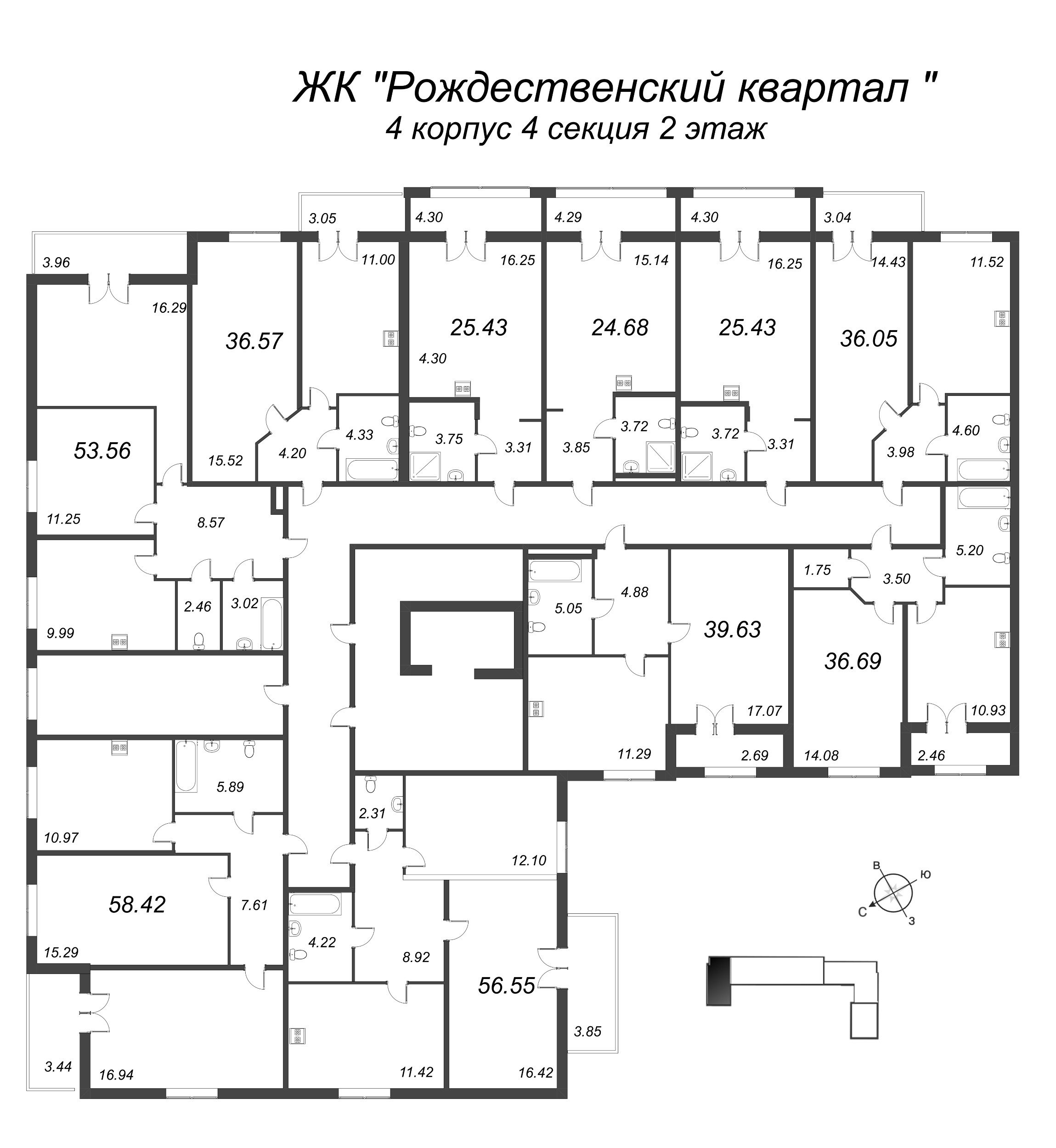 1-комнатная квартира, 36.05 м² в ЖК "Рождественский квартал" - планировка этажа