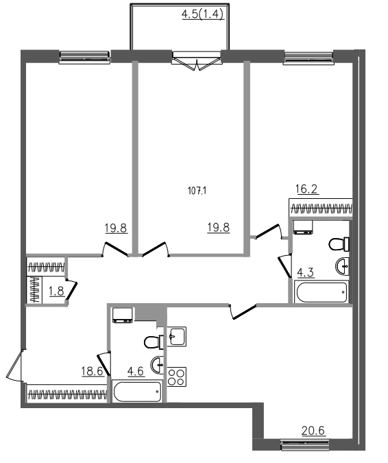 4-комнатная (Евро) квартира, 107.1 м² - планировка, фото №1