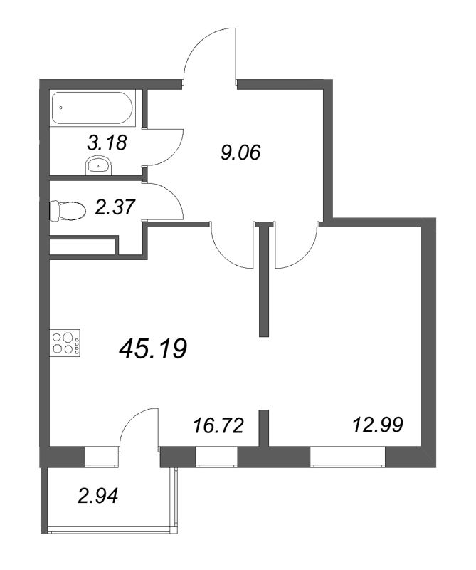 2-комнатная (Евро) квартира, 45.19 м² в ЖК "Новая история" - планировка, фото №1