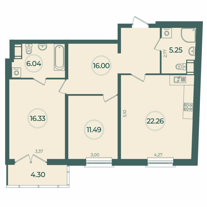 3-комнатная (Евро) квартира, 78.66 м² в ЖК "Дуалист" - планировка, фото №1