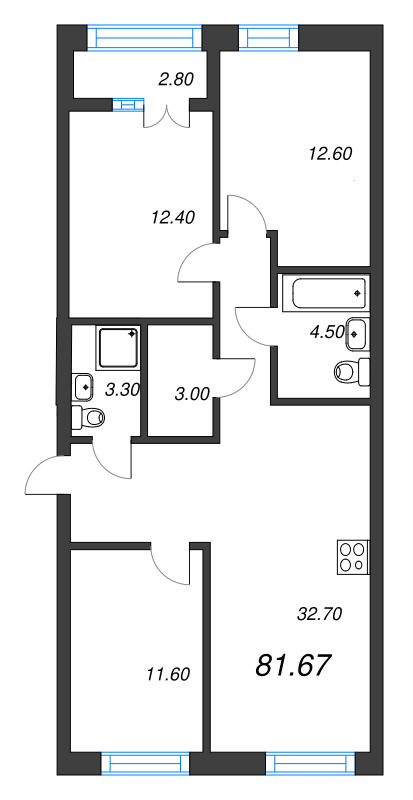 4-комнатная (Евро) квартира, 81.67 м² в ЖК "Новый Питер" - планировка, фото №1